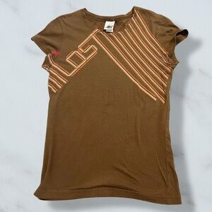 Lost Women’s Brown Tee with Multicolor Stripes. 100% Cotton made in USA. Vintage